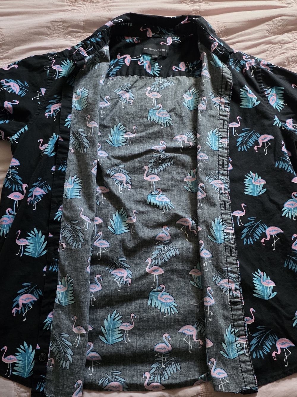 No Boundaries Black Button-Down Shirt with Pink Flamingo & Teal Leaf Print